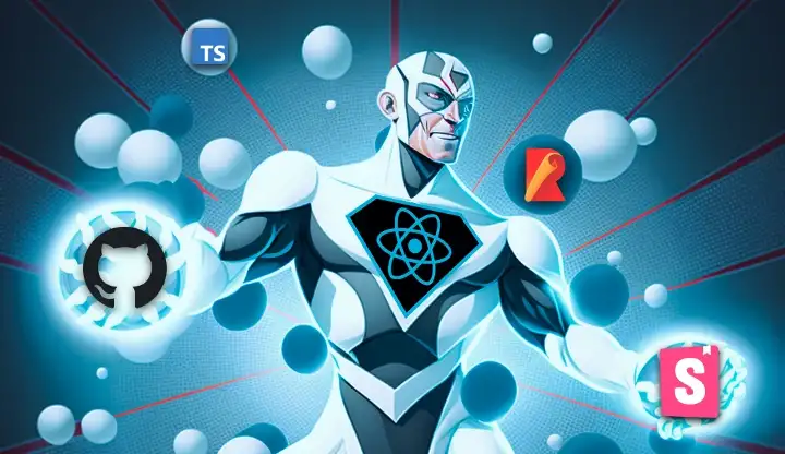 Hero with a React suit holding javascript tools in the shape of energy